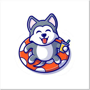 Cute Husky Dog Floating With Swimming Tires Posters and Art